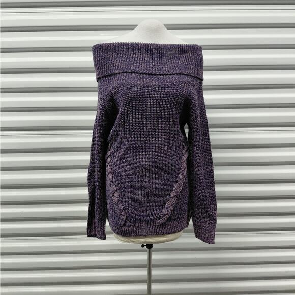 Derek Heart Juniors Sweater Size Large Purple Off Shoulder Cable Knit Cozy Knit - Picture 2 of 8